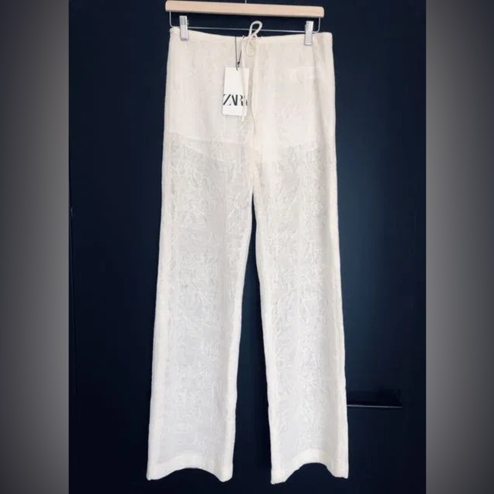 ZARA Ivory Textured Wide-Leg Pants